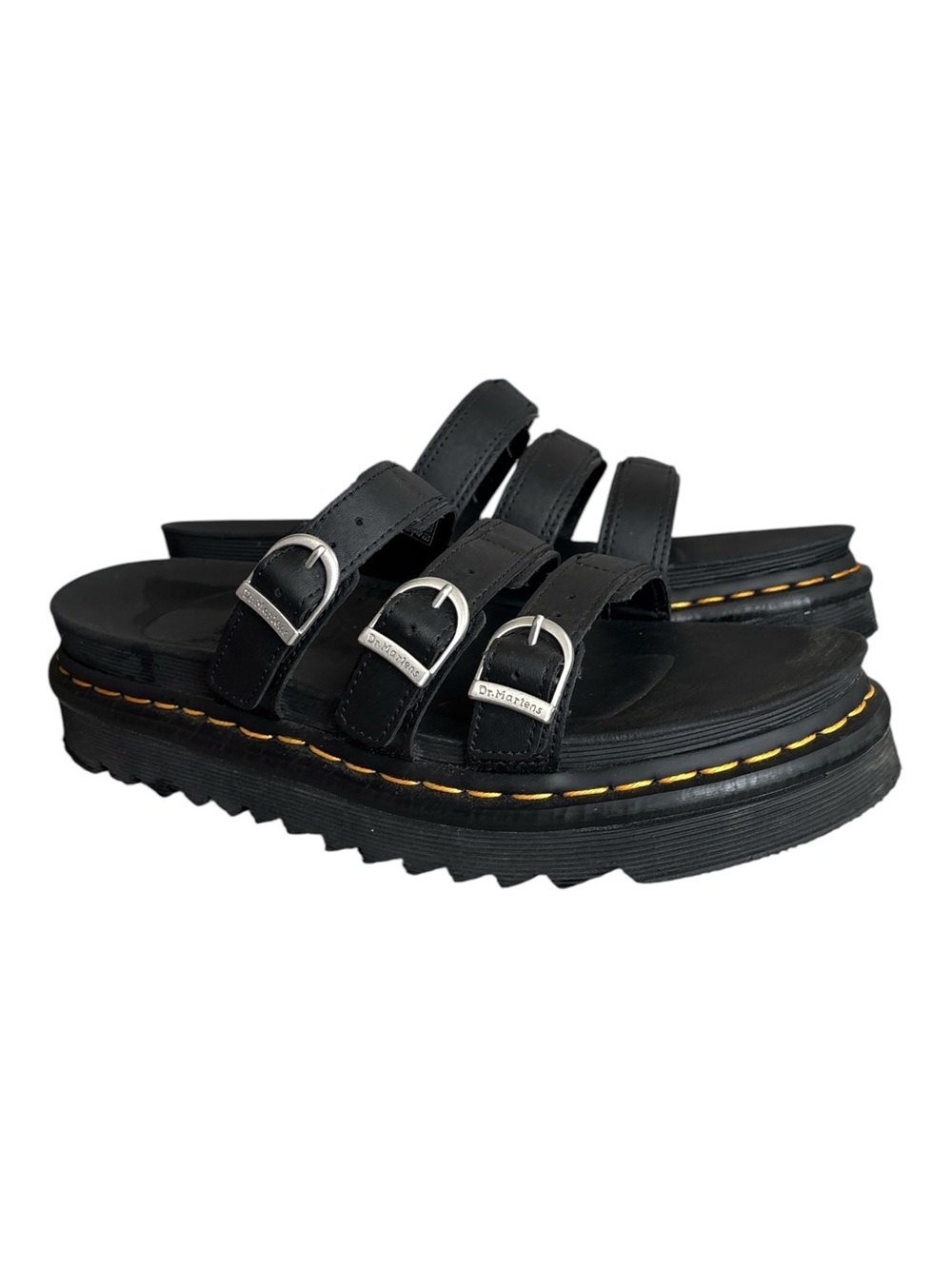 Dr. Martens Blaire Slide Sandal Triple-Buckle Platform Yellow Stitching SoftWair